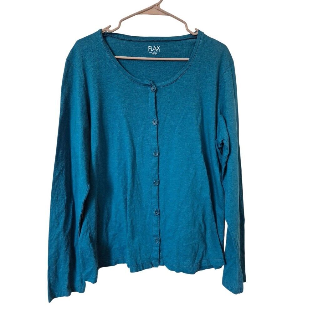 Flax Womens Large Cotton Cardigan Teal Lagen Minimalist Closet Staple Work